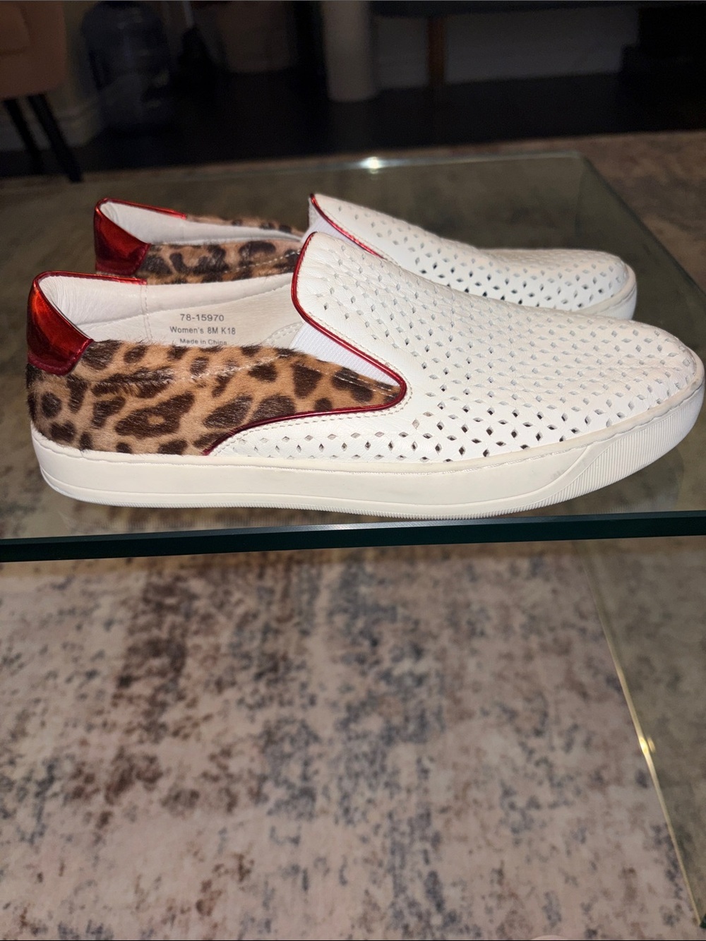 johnston & Murphy Women’s White Perforated Slip-On Sneakers with Leopard 7.5